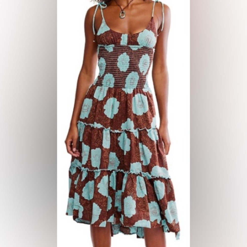 Free People Brown and Aqua Blue Floral Tiered Midi Dress Size M - Picture 2 of 8